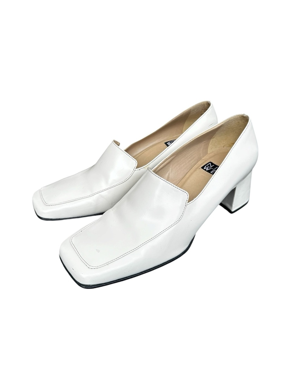 Vintage Nine West White Leather Square Toe Block Heel Loafer Pumps 9M